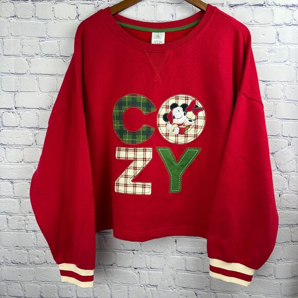 Disney Parks Christmas Sweater Mickey & Minnie Red COZY Crop Crewneck 2XL - Picture 1 of 9